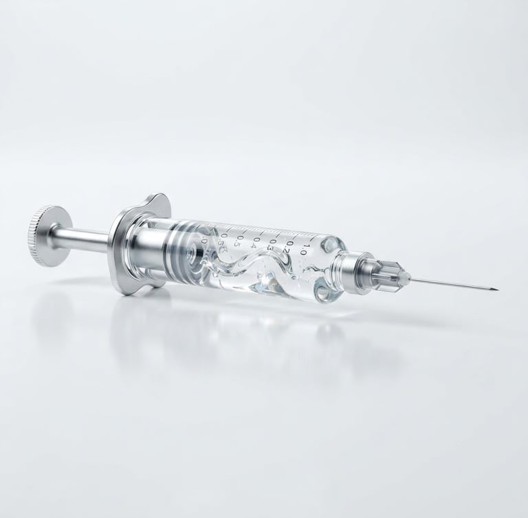 Macro shot of a clear monophasic hyaluronic acid gel syringe, high viscosity visible, with sharp light refractions, minimalist white and silver tones, clinical studio lighting.
