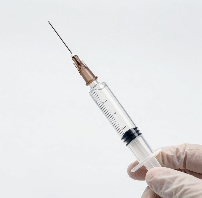 Macro shot of a clear syringe filled with hyaluronic acid gel, held by a gloved hand in a sterile clinical setting, bright studio lighting, sharp glass refractions, minimalist white and silver tones, portrait aspect.
