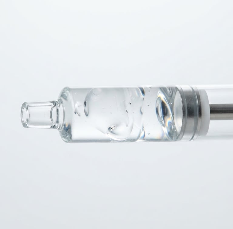 Macro close-up of a high-purity clear gel syringe showing viscosity, bright high-key studio light with sharp refractions through glass, clinical white and silver tones.