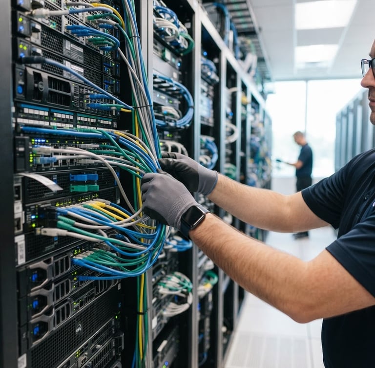 IT professional adjusting server racks in a bright, modern data center, focus on hands, soft blue and mint accents, clean corporate photography