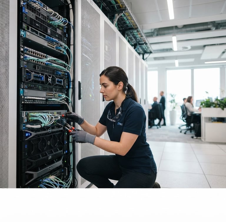 IT professional working on a server rack in a modern office, bright natural light, soft blue and mint accents, sharp focus, professional editorial style, 35mm, wide shot, off-center subject
