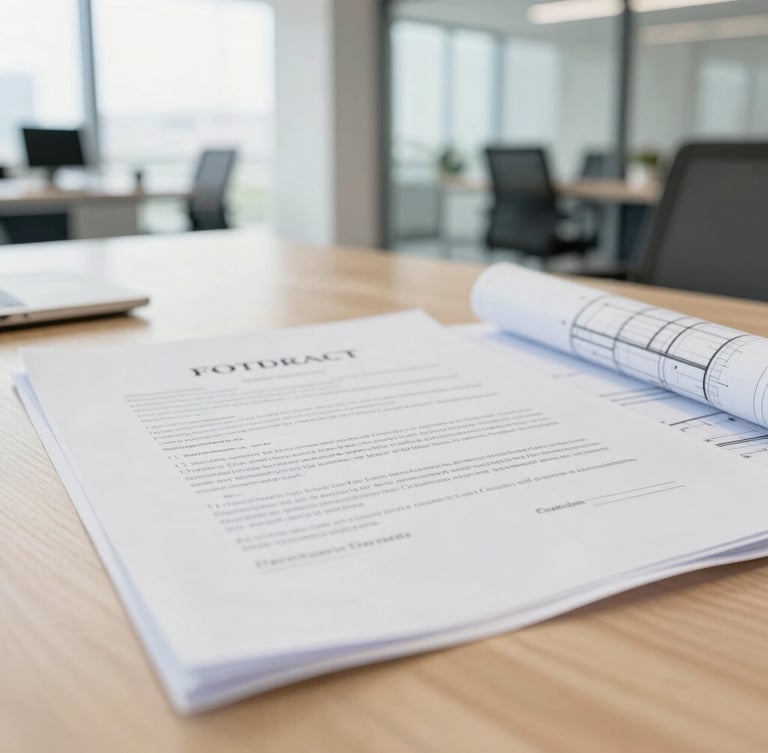 Detailed close-up of a professional contract and architectural blueprints on a clean wooden desk, bright natural daylight, corporate office setting