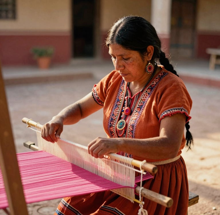 Environmental portrait of a Mayan weaver working on a backstrap loom in a sunlit courtyard, vibrant terracotta and rose threads, warm golden-hour light