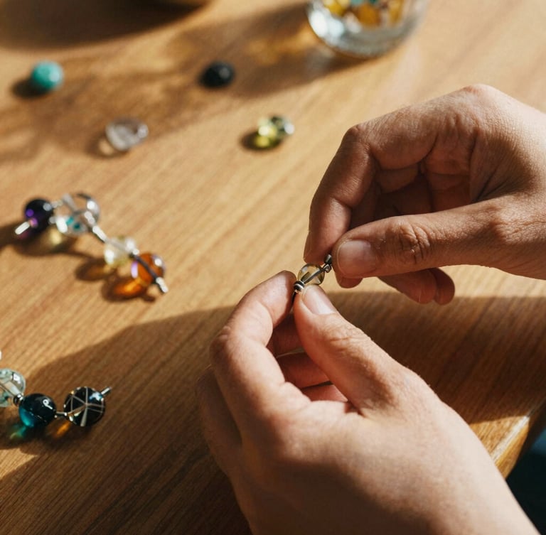 Close-up of hands working with intricate glass beads on a wooden table, warm editorial photography, natural golden-hour daylight, rich earthy tones, shallow depth of field, 35mm film texture.