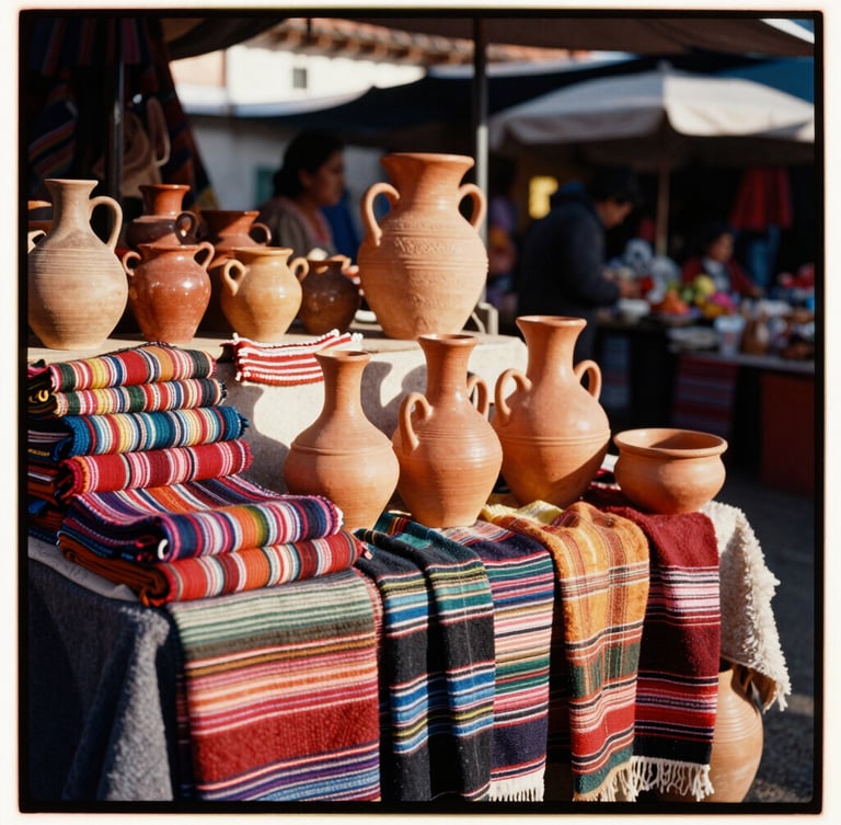 Vintage 35mm photograph of a vibrant, sunlit Guatemalan market stand in Chichicastenango, overflowing with handwoven textiles and warm terracotta pottery, soft golden-hour light