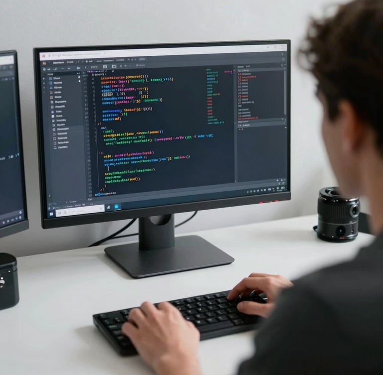Over-the-shoulder shot of a clean workspace, a developer analyzing structured code and technical SEO diagnostics on a large monitor, cool diffused lighting.