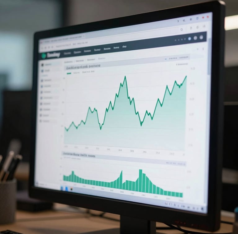 Close-up of a high-resolution analytics dashboard on a clean vertical monitor, displaying complex organic traffic charts with sharp green trend lines, cool diffused office lighting, deep shadows.