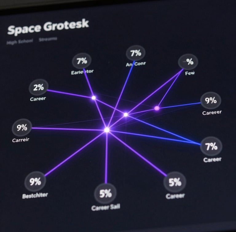 A crisp, dark-mode SaaS interface visualization showing a node network mapping high school streams to career paths, glowing violet and indigo lines, clean percentage indicators, high contrast, Space Grotesk typography elements, dark background.