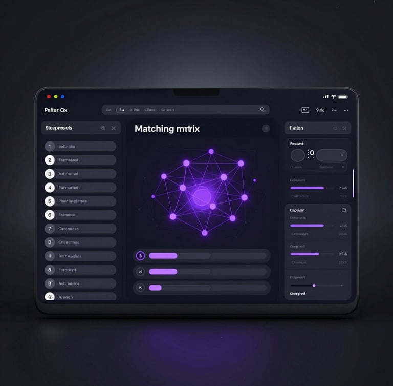 Crisp high-fidelity SaaS terminal UI screenshot, dark mode, showing a college matching matrix with interactive filter sliders, glowing purple node networks, cool studio backlighting.