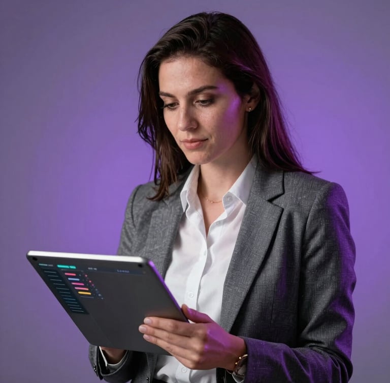 Portrait of a professional admissions advisor analyzing a data dashboard on a tablet, cool-toned studio lighting with subtle violet backlighting