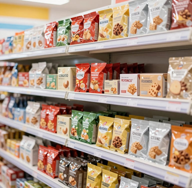 Bright professional commercial photo of packaged confectionery and consumer goods neatly arranged on clean retail shelves, daylight accents, sharp focus