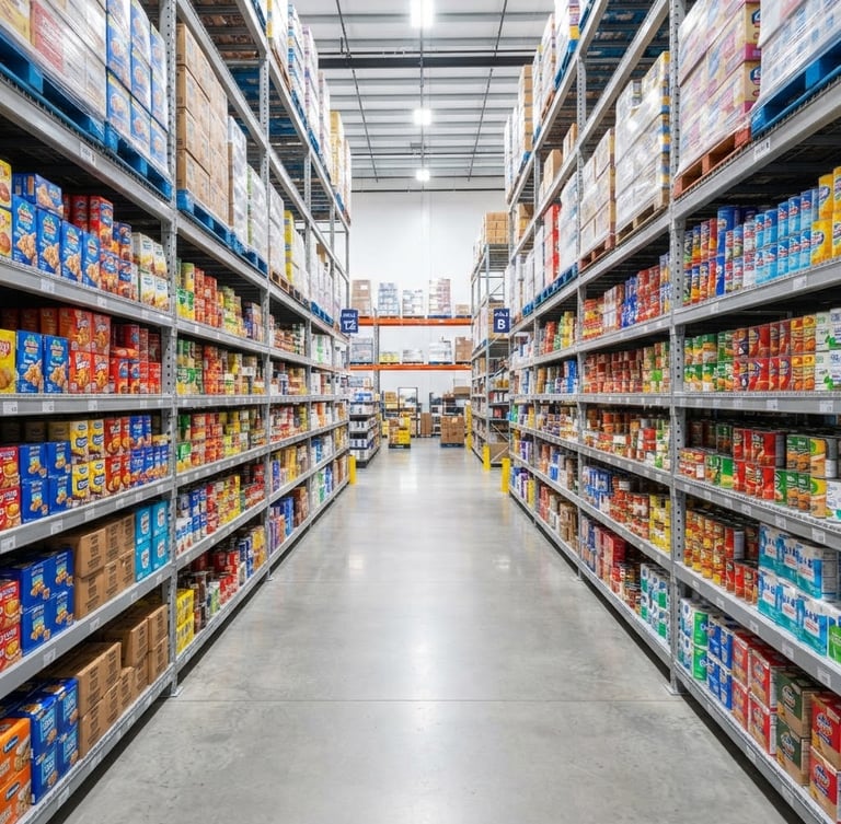 Bright commercial photography of neatly organized wholesale warehouse shelves, high-key studio light, vibrant packaged goods, professional logistics aesthetic