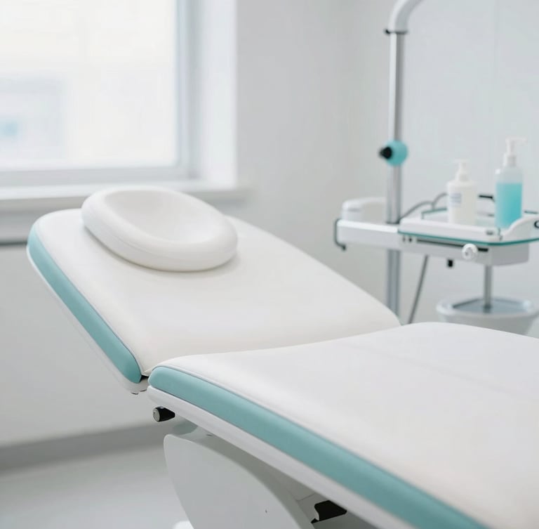 Bright, minimalist clinical treatment room with a white modern chair, clean glass surfaces, and soft azure accents, flooded with natural daylight