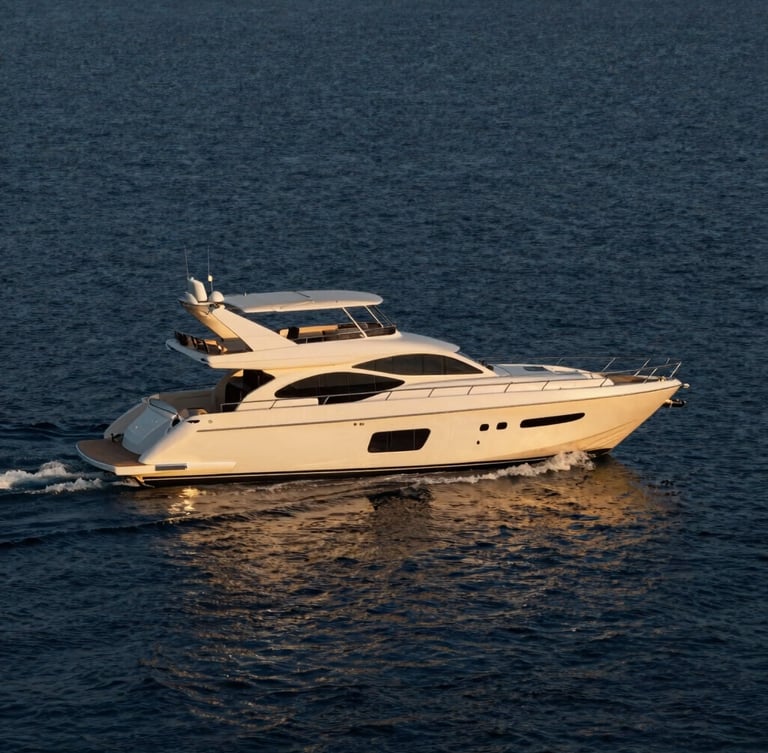 Sleek white luxury yacht cruising through deep navy blue water under warm golden hour sunlight, dynamic side-angle shot