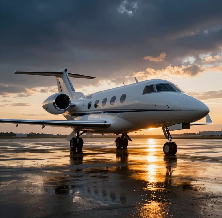 Modern private jet parked on a wet tarmac at sunset, dramatic low-angle shot with warm golden reflections