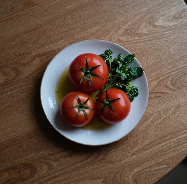 Overhead flat-lay of a Scandinavian-style minimalist wooden table with a single plate of fresh heritage tomatoes, wild herbs, and olive oil, soft moody side-light, rich crimson tones, 35mm