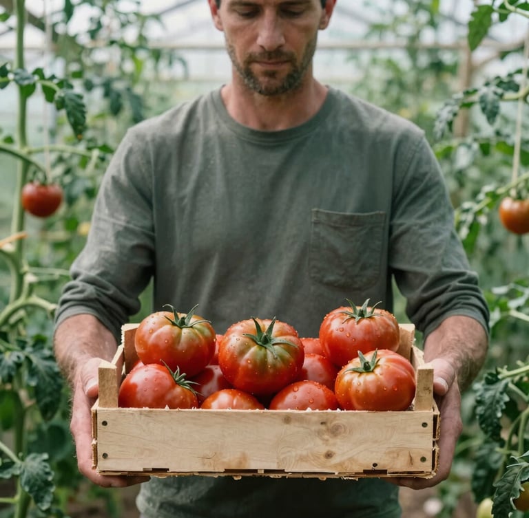 Candid shot of a local farmer holding a wooden crate of fresh heirloom tomatoes in a sunlit greenhouse, rustic green tones, 35mm