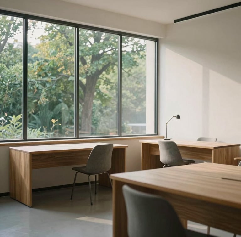 A minimalist, airy workspace with natural wood desks, large windows showing green trees, and soft, calm morning light.
