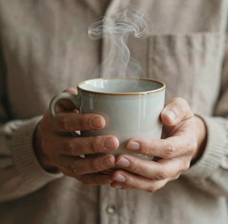 A close-up of hands holding a warm ceramic mug, steam rising gently, with soft linen textures in the background.