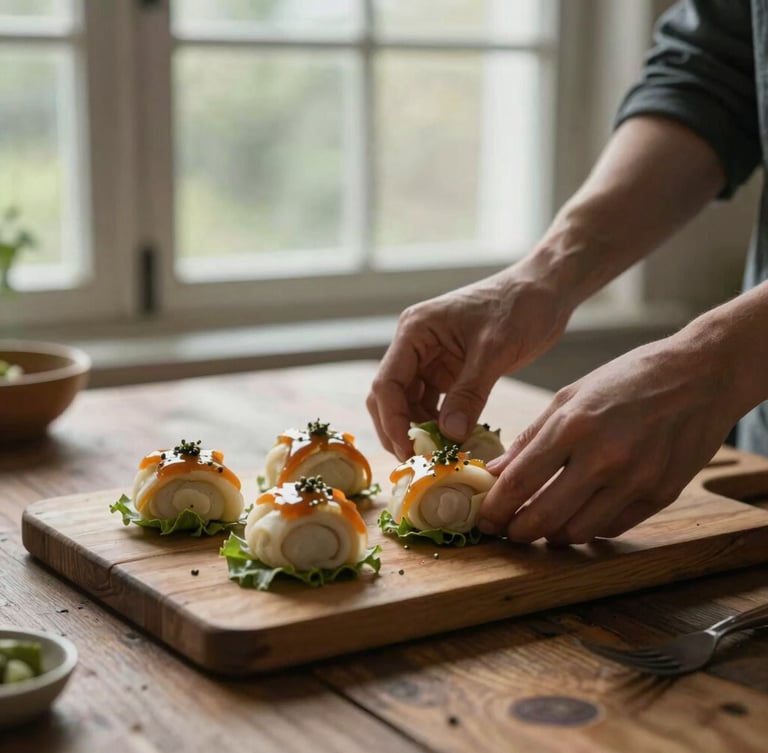 Hands gently preparing whole foods on a rustic wooden table, soft overcast daylight filtering through a window.