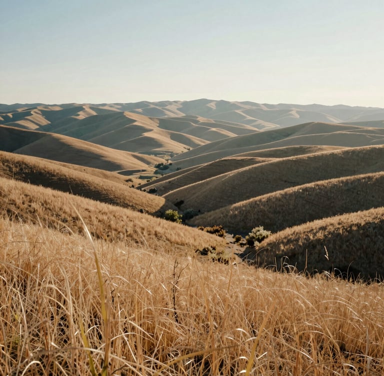Soft morning light over the Boise foothills, dry grasses and distant soft-focus ridges under a pale sky, wide environmental framing.