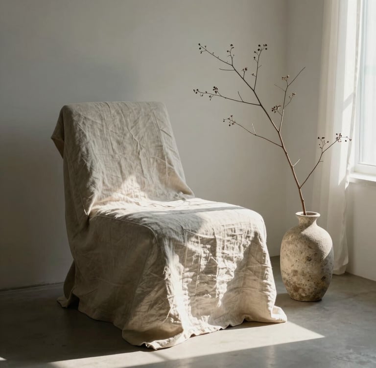 A quiet, sunlit room with a linen-covered chair and a small stone vase holding a single dried branch, soft morning light.