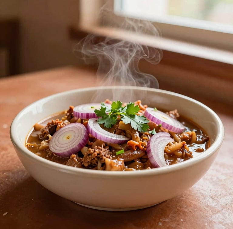 Warm editorial food photography of a steaming bowl of Encebollado with red onions and cilantro, natural window light, terracotta background