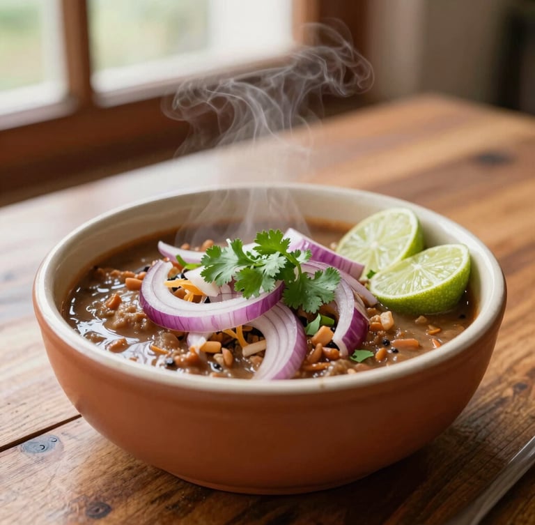 Warm close-up of a steaming bowl of Ecuadorian Encebollado with red onions, fresh cilantro, and lime slices on a rustic wooden table, natural window light, shallow depth of field, 35mm