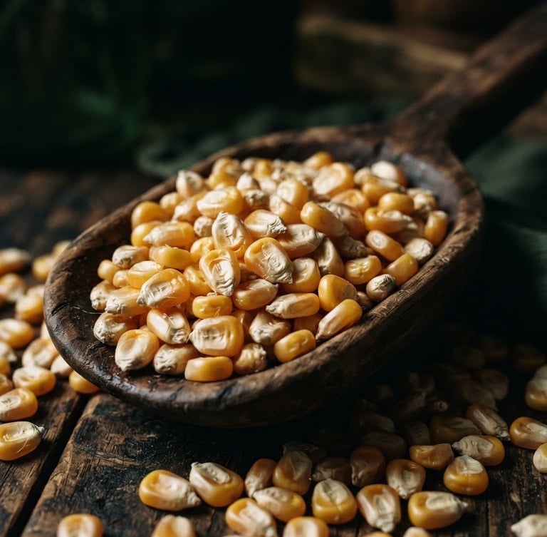Macro details of raw golden corn kernels in a dark wooden scoop, deep directional natural light, rich shadows, moody editorial photography, deep green and gold tones, 35mm film grain