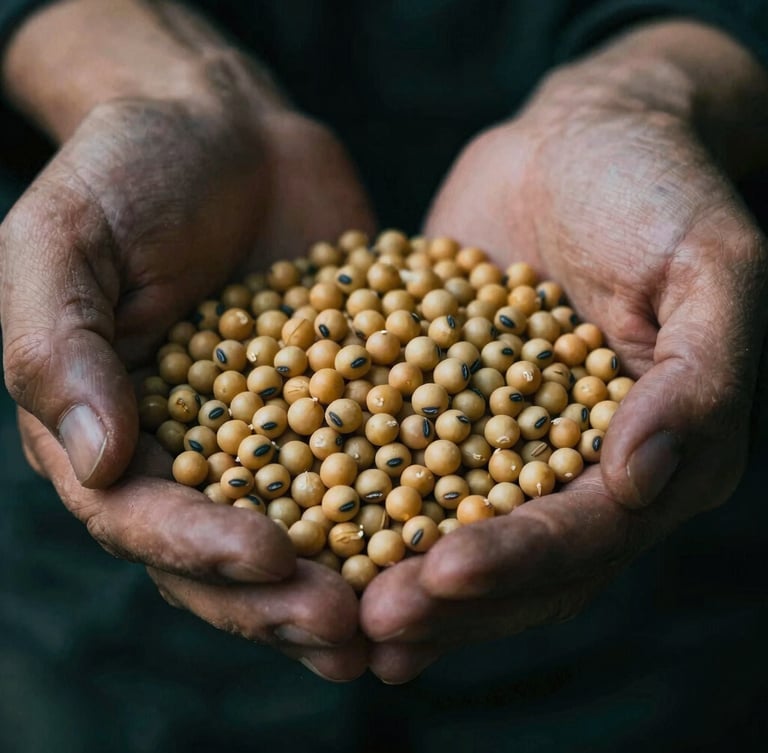 Macro detail of freshly harvested soy grains in a farmer's hands, dramatic side lighting, high contrast, moody financial editorial style, 35mm film grain