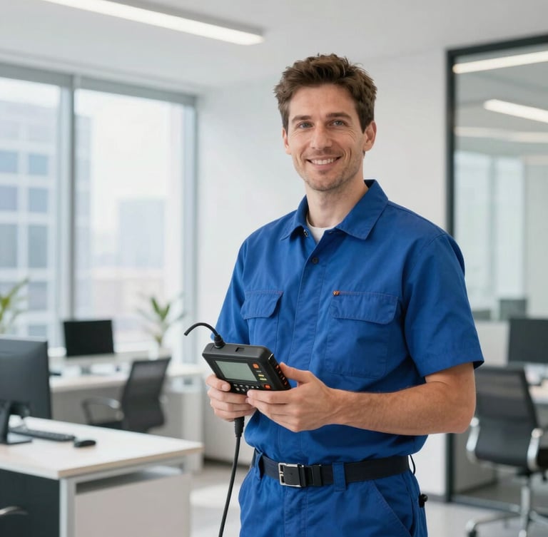 Medium shot of a licensed master plumber standing in a modern, brightly lit corporate office in Metropolis Tower, holding professional digital leak detection equipment, crisp clean daylight, sharp focus