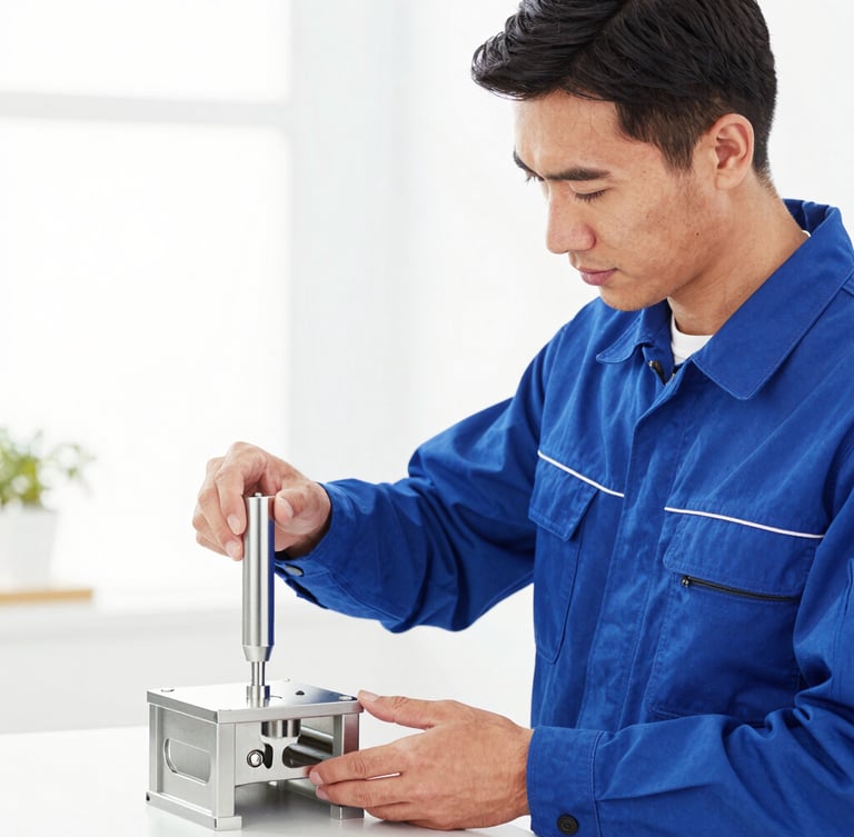 Bright high-key commercial photography of a professional technician in a deep blue uniform adjusting a polished steel fixture, crisp clean daylight, sharp focus, 35mm lens