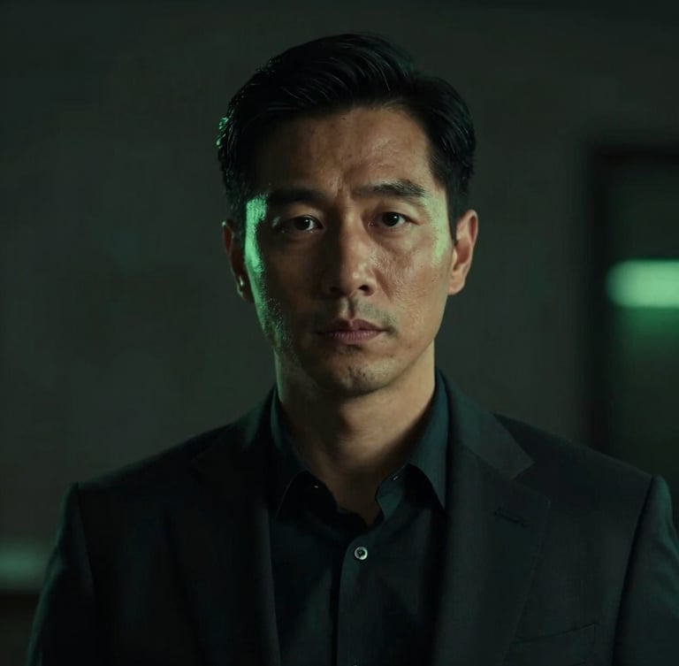 Cinematic environmental portrait of a male entrepreneur in deep focus, dark obsidian tones, sharp green side-lighting, shallow depth of field, 35mm