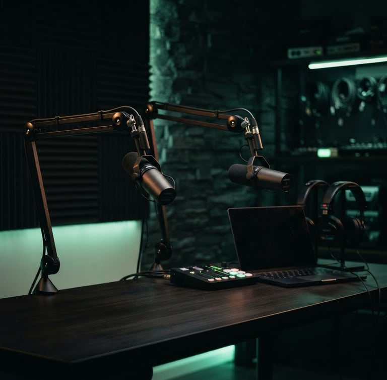 Cinematic low-key shot of a premium podcast studio setup with high-end microphones, dark obsidian background, subtle neon green ambient lighting, 35mm, shallow depth of field