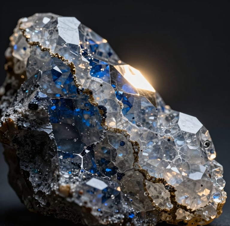 Macro extreme close-up of translucent quartzite veins, backlit with a soft golden glow, deep petroleum blue and charcoal crystalline structures, dramatic side lighting, high contrast