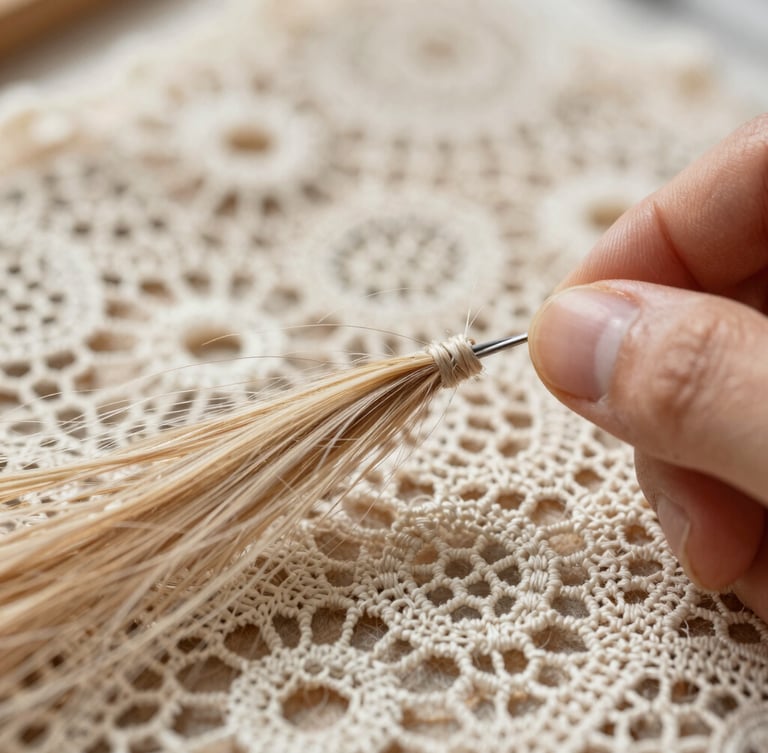 Macro close-up of meticulous hand-knotting craftsmanship on an ultra-fine lace base, soft indirect northern daylight highlighting the individual strands of natural human hair.