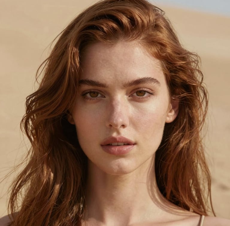A striking close-up portrait of a woman with beautifully styled, natural-flowing chestnut hair catching soft, diffused northern daylight, set against a warm sand background.
