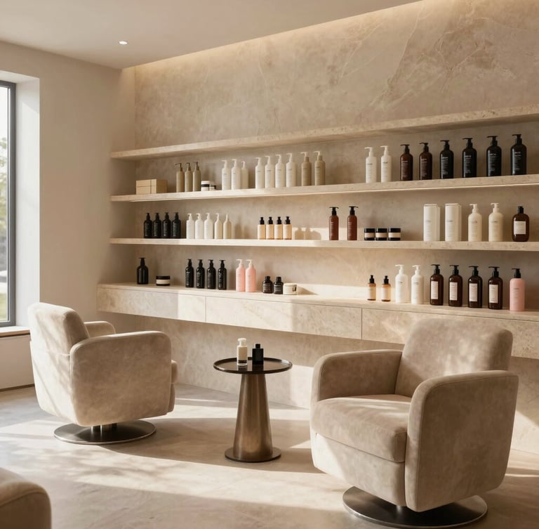 Wide shot of a serene private salon suite with plush seating, warm neutral stone shelves holding premium hair care bottles, bathed in soft diffused daylight.