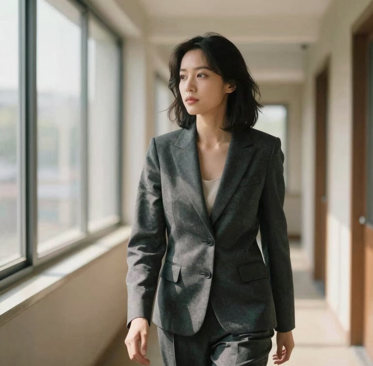 A professional woman in motion down a sunlit hallway, wearing a tailored charcoal blazer, soft directional natural window light, 35mm film texture.