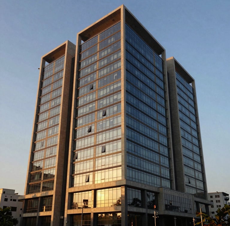 Wide architectural shot of a modern glass and concrete corporate headquarters in Mumbai at golden hour, sharp lines, warm sunlight reflecting off windows