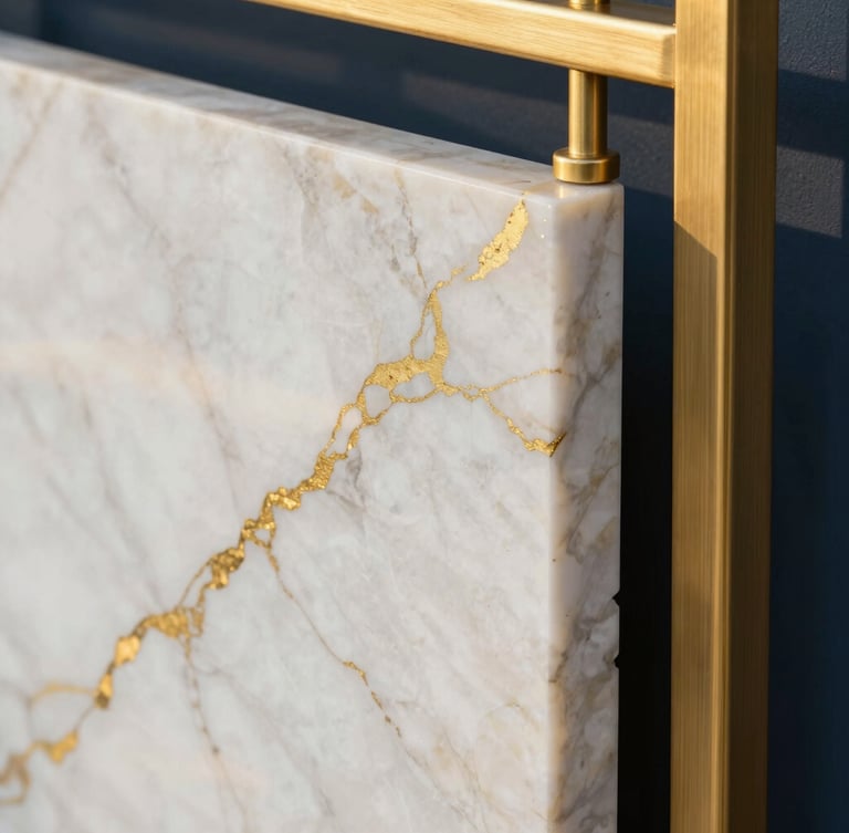 Close-up of premium architectural materials, polished white marble slab with golden veins next to brushed brass details, soft natural lighting