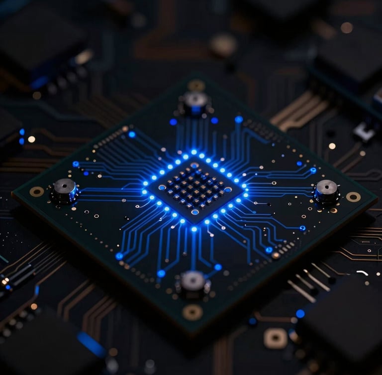 Macro photograph of a secure cryptographic silicon processor, sharp blue LED light tracing the circuits, dark high-contrast obsidian background, technical depth of field