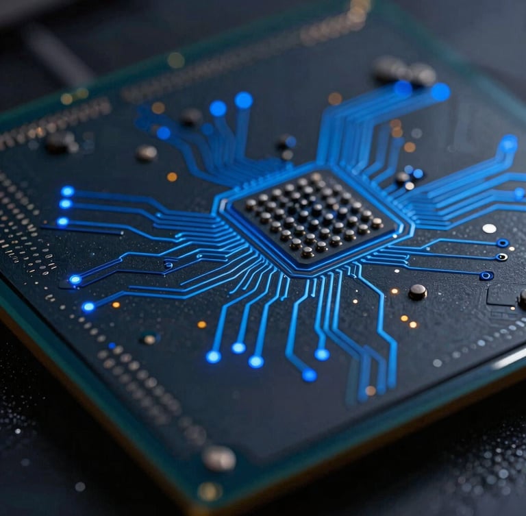 Macro photograph of a high-end silicon processor wafer, deep obsidian tones, sharp blue LED light paths tracing micro-circuits, technical depth of field