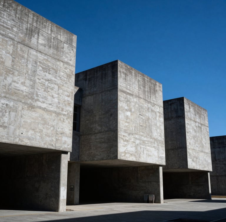Wide low-angle shot of brutalist concrete architecture in Eagle Mountain under hard direct sunlight, sharp shadows, cool gray and deep blue color cast.