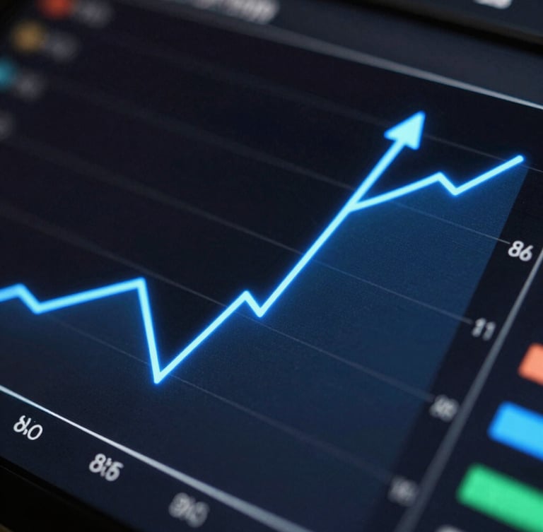 Macro extreme close-up of a high-contrast analytics interface displaying upward conversion curves, sharp glowing electric blue lines on a deep black screen, technical aesthetic.