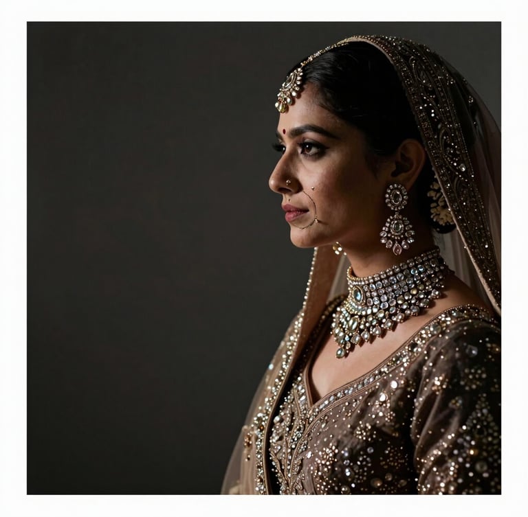Cinematic wide shot of a modern royal Indian bride in profile, wearing a heavy brilliant-cut diamond choker, dramatic chiaroscuro studio lighting, negative space on the left, dark charcoal background.
