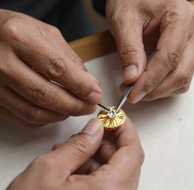 A master artisan's hands meticulously placing an uncut Polki diamond into a pure gold foil setting using traditional hand tools, warm studio lighting