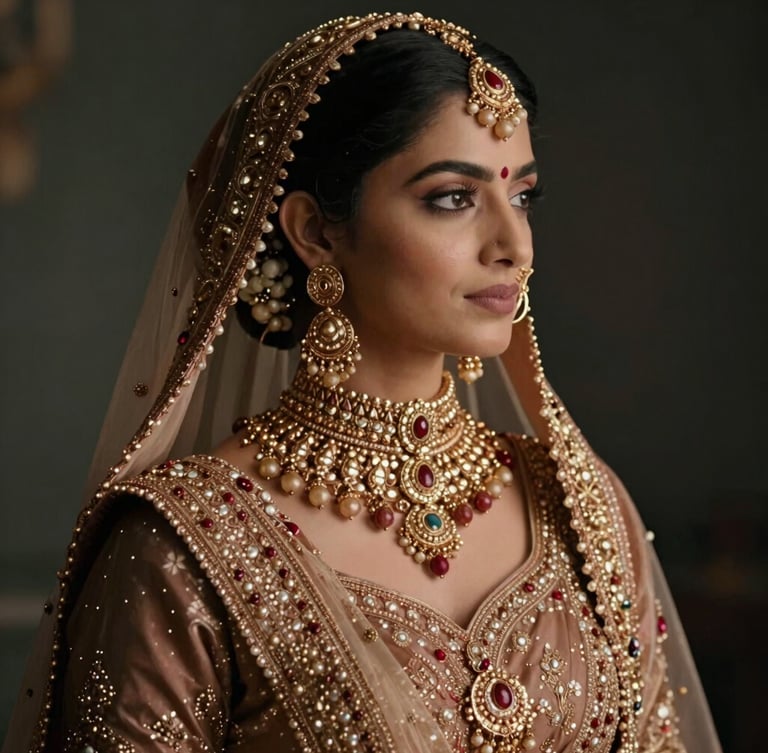 Cinematic portrait of a royal Indian bride in profile, wearing heavy gold and Polki chokers, soft diffused side lighting, deep charcoal background, editorial composition.
