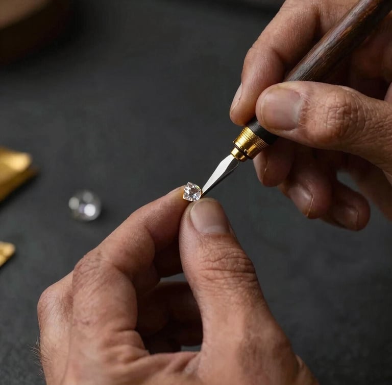Extreme close-up portrait of a master artisan's hands using traditional tools to delicately press pure gold foil around an uncut Polki diamond, warm studio lighting with a deep chiaroscuro effect, dark charcoal background.