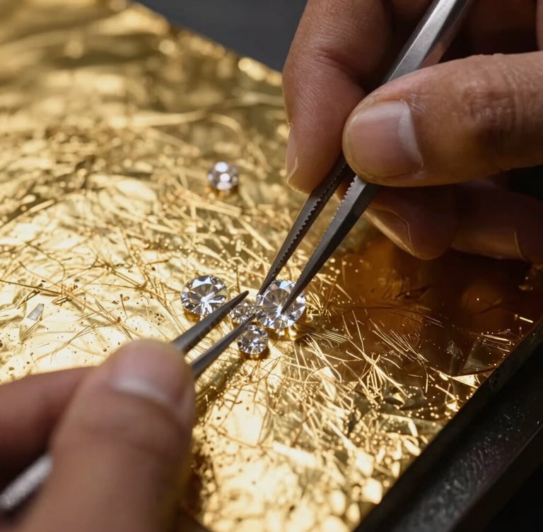Extreme macro shot of uncut Polki diamonds being set into 24-karat gold foil by a master artisan, dramatic chiaroscuro studio lighting highlighting the gold texture.